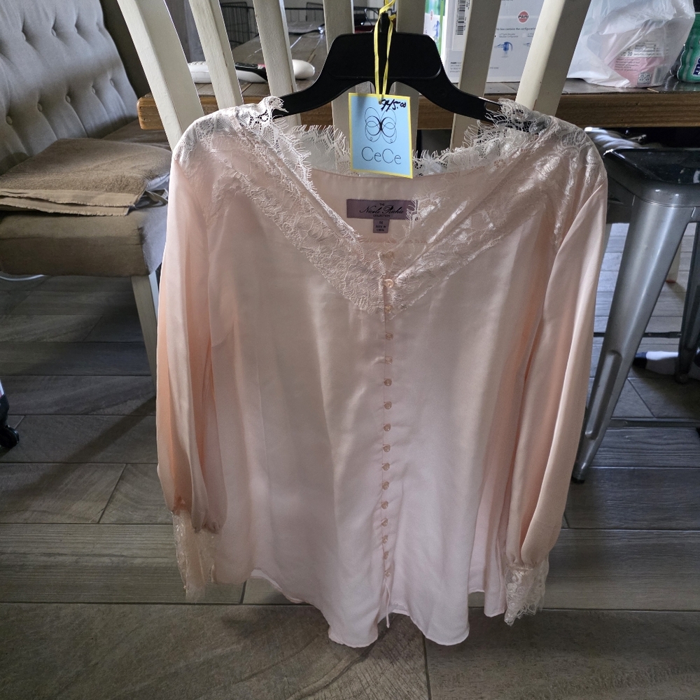 CeCe Women's Blush Lace Trim Blouse